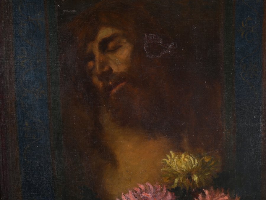 CHRIST AND A BOUQUET OF CHRYSANTHEMUMS