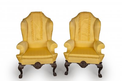 TWO QUEEN ANNE STYLE WING ARMCHAIRS