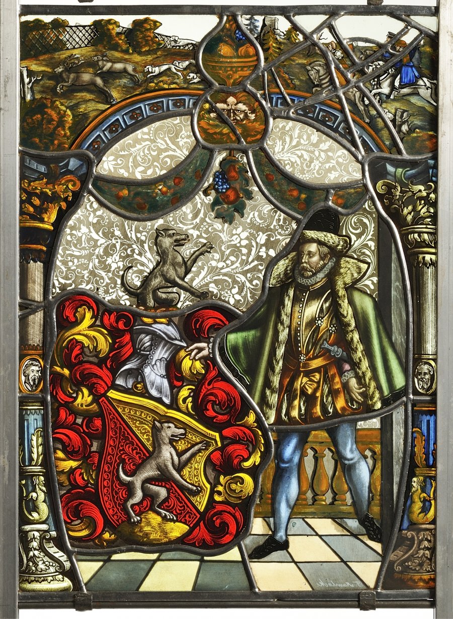 TWO PAINTED STAINED GLASS PANELS OF A NOBLEWOMAN AND NOBLEMAN WITH A FAMILY COAT OF ARMS