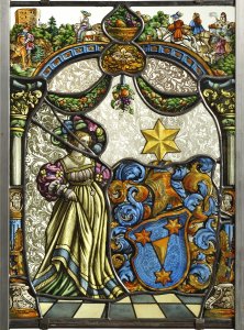 TWO PAINTED STAINED GLASS PANELS OF A NOBLEWOMAN AND NOBLEMAN WITH A FAMILY COAT OF ARMS