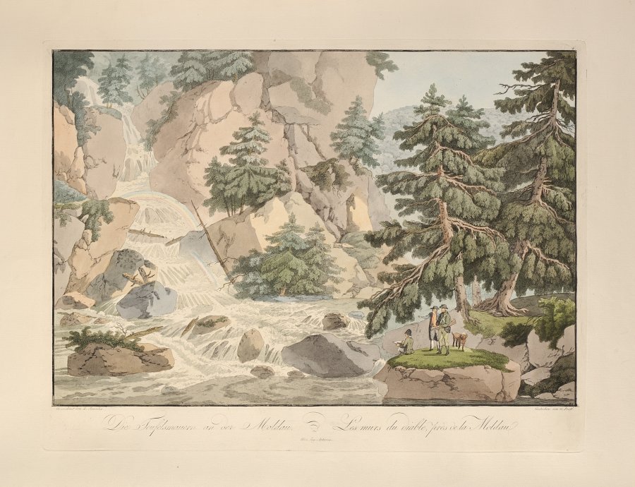 TWO COPPER ENGRAVINGS WITH VIEWS OF THE VLTAVA - THE DEVIL'S WALL AND THE RAPIDS AT LOUČOVICE