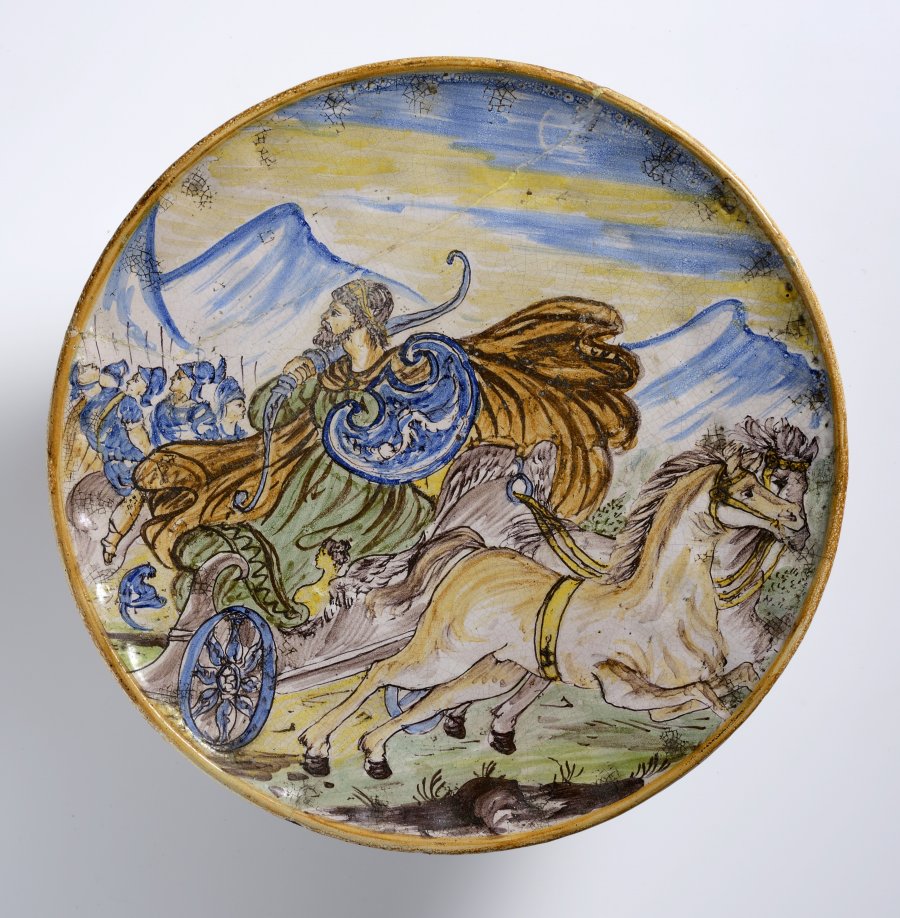 A MAJOLICA PLATE WITH A BATTLE SCENE
