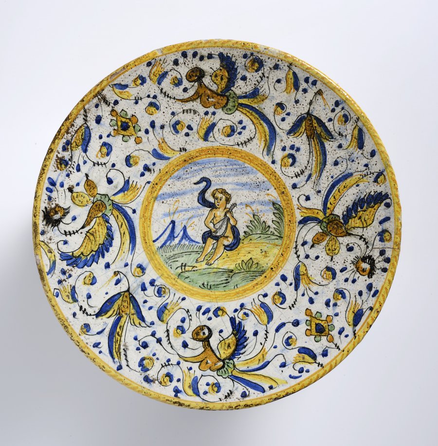 A GROUP OF TWO PLATES WITH CUPID AND GROTESQUES