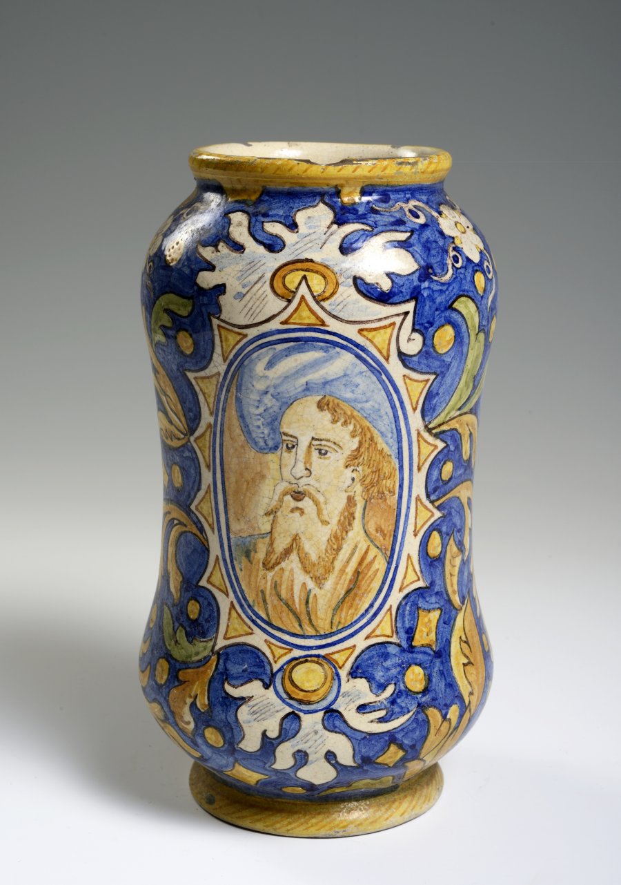 A GROUP OF MAJOLICA APOTHECARY JARS IN ITALIAN RENAISSANCE STYLE 
