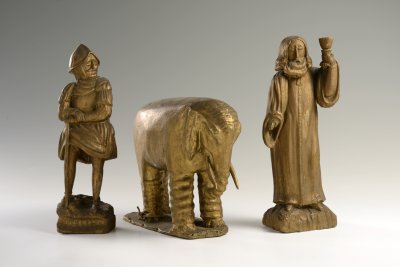 THREE CARVED WOOD NATIVITY SCENE FIGURES