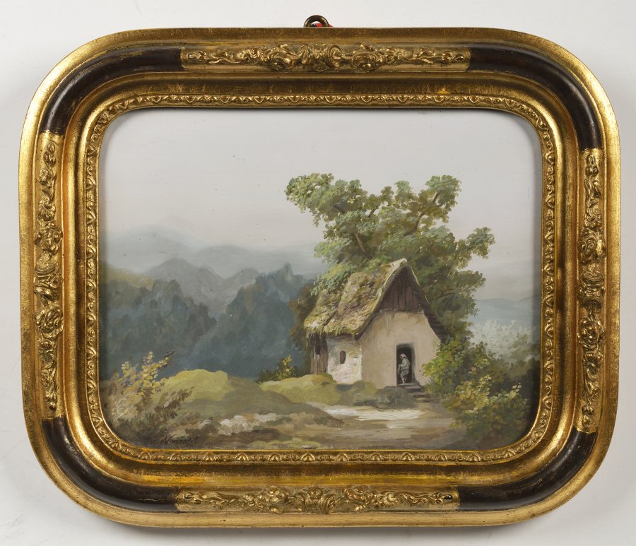 A MOUNTAINOUS LANDSCAPE WITH A SMALL HOUSE