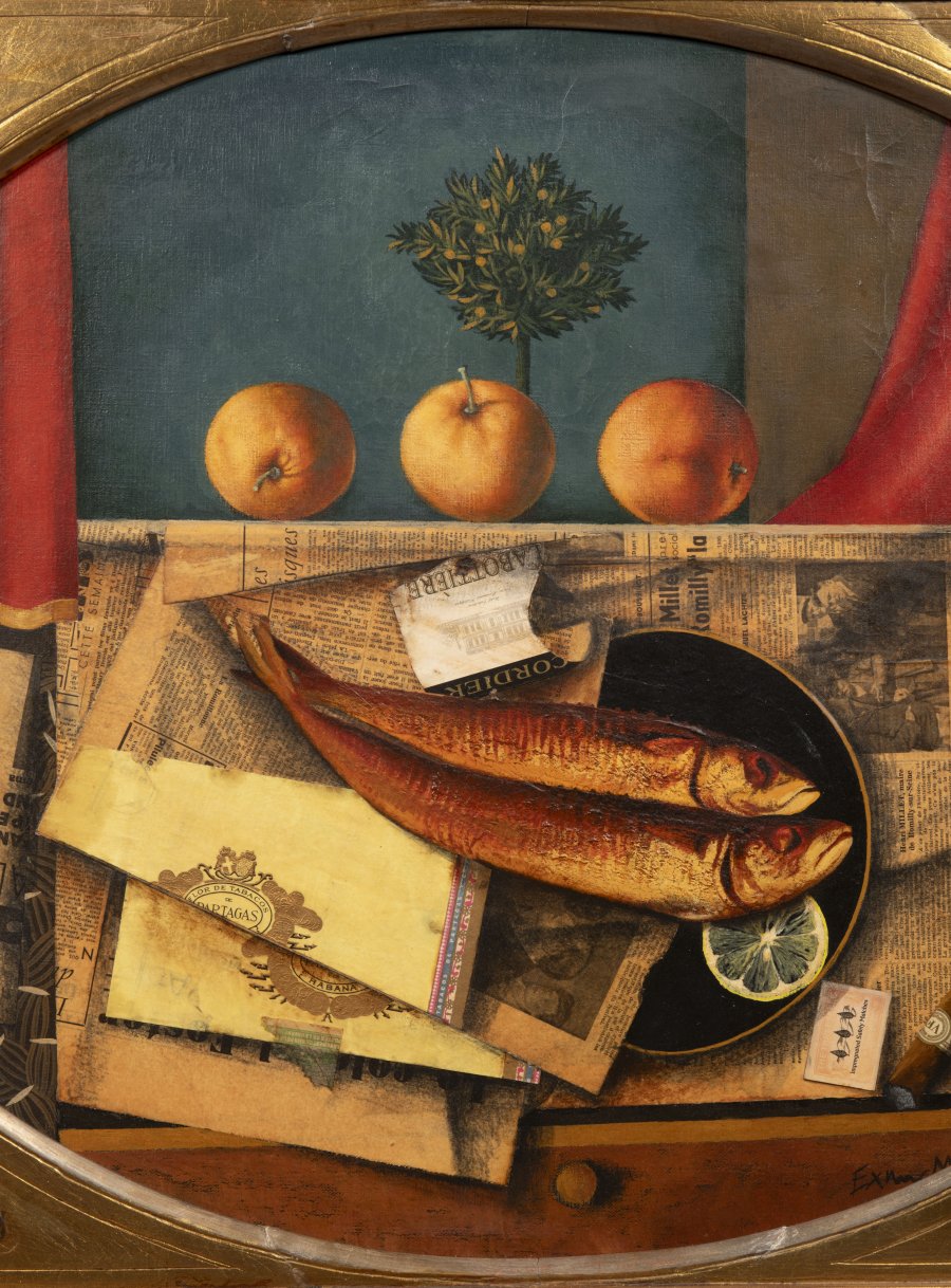 STILL LIFE WITH NEWSPAPERS, ORANGES AND FISH