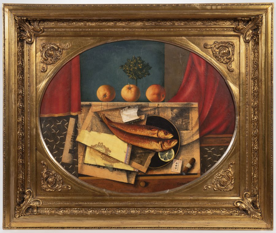 STILL LIFE WITH NEWSPAPERS, ORANGES AND FISH